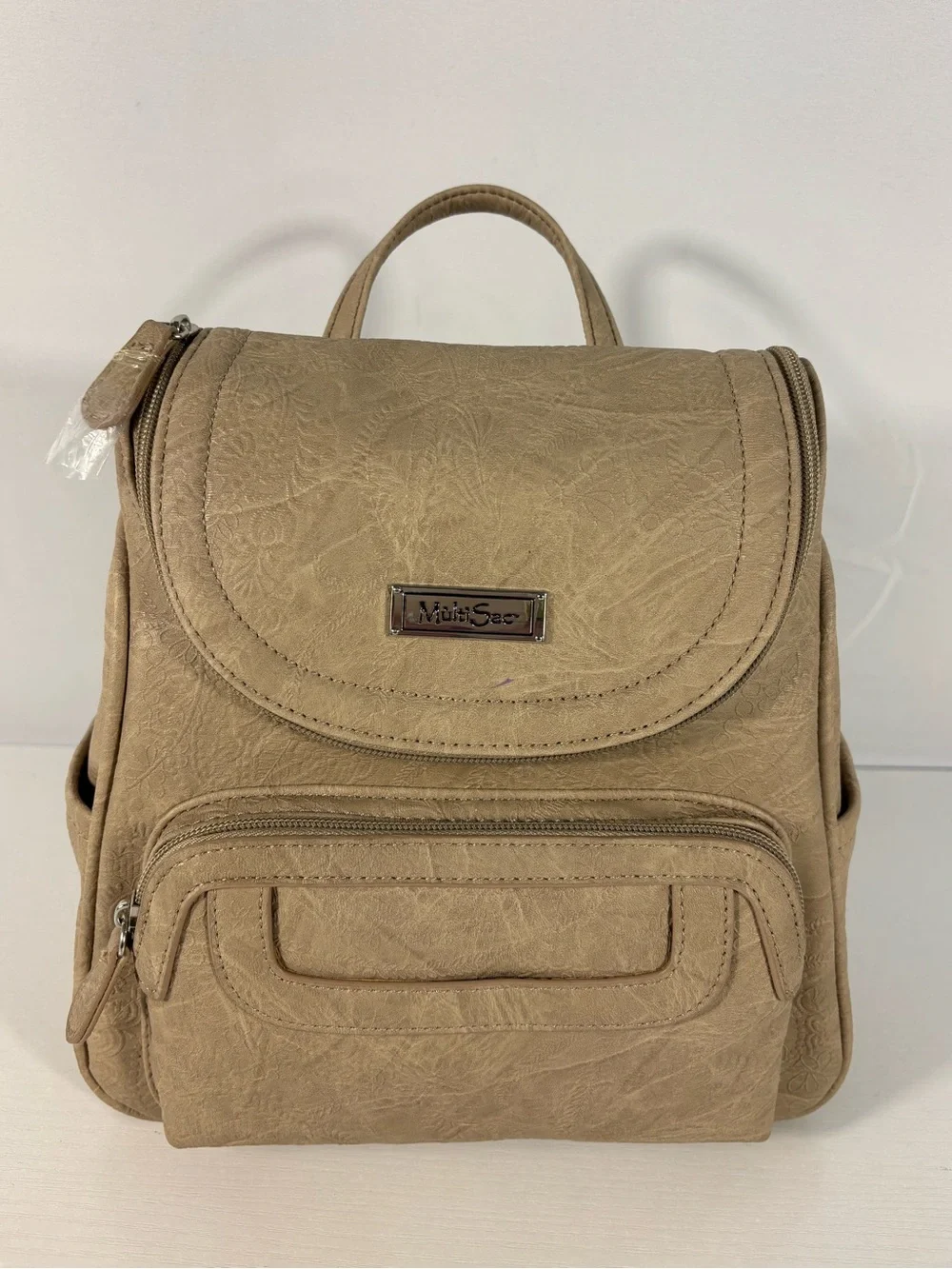 NWT MultiSac Taupe Vegan Leather Mini Backpack Purse Travel Organizer Floral